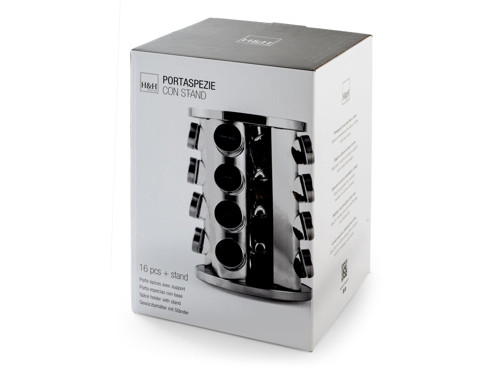 H&H Porta Spezie Girevole con 16 Barattoli in Vetro – Stand in Acciaio Inox e Plastica Effetto Legno, Elegante e Funzionale