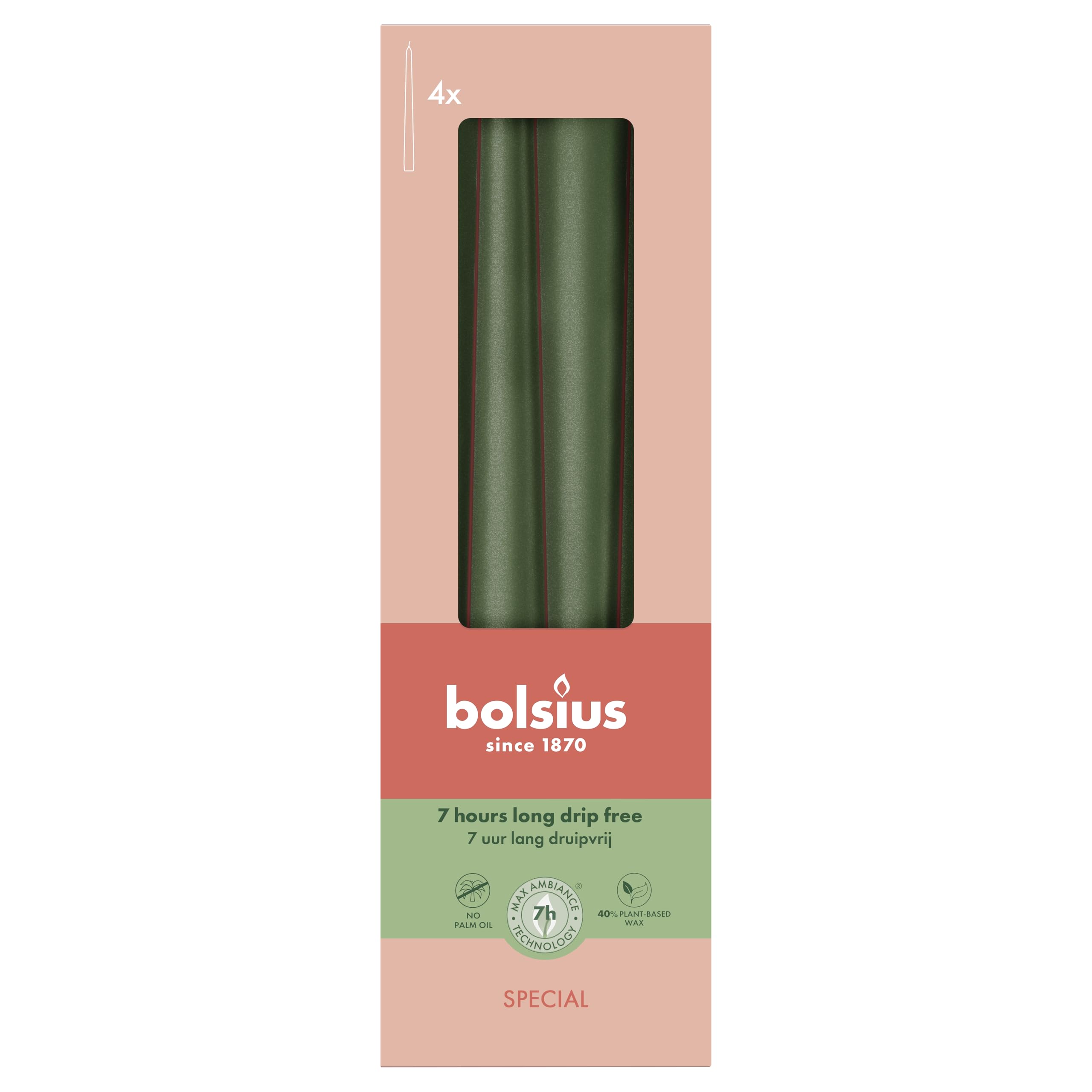 Bolsius - Essentials Lot de 32 bougies pointues lisses - Vert métallisé - 24,5 cm - Bougies décoratives - Sans huile de palme