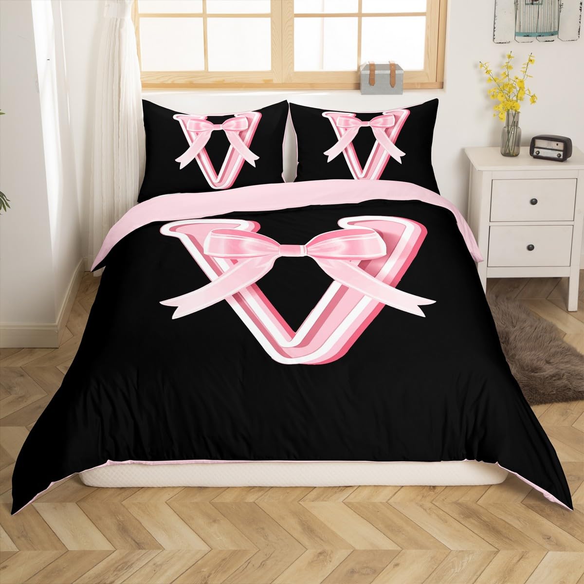 Kids Bedding Set Girls Black Bow Comforter Set Twin Size - Ultra Soft  Personalized Initial Bedding With Bowknot Design Black Bow Bedroom Decor, image size:1200x1200