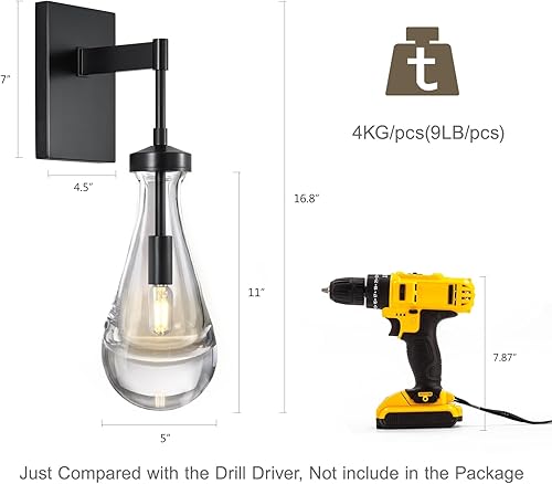 Miniatura 3 de Joyunleo Raindrop Wall Sconces, Black Wall Sconces Modern Bathroom Lights, Sconces Wall Lighting with Clear Glass, Wall Mounted Light Wall Lamp for