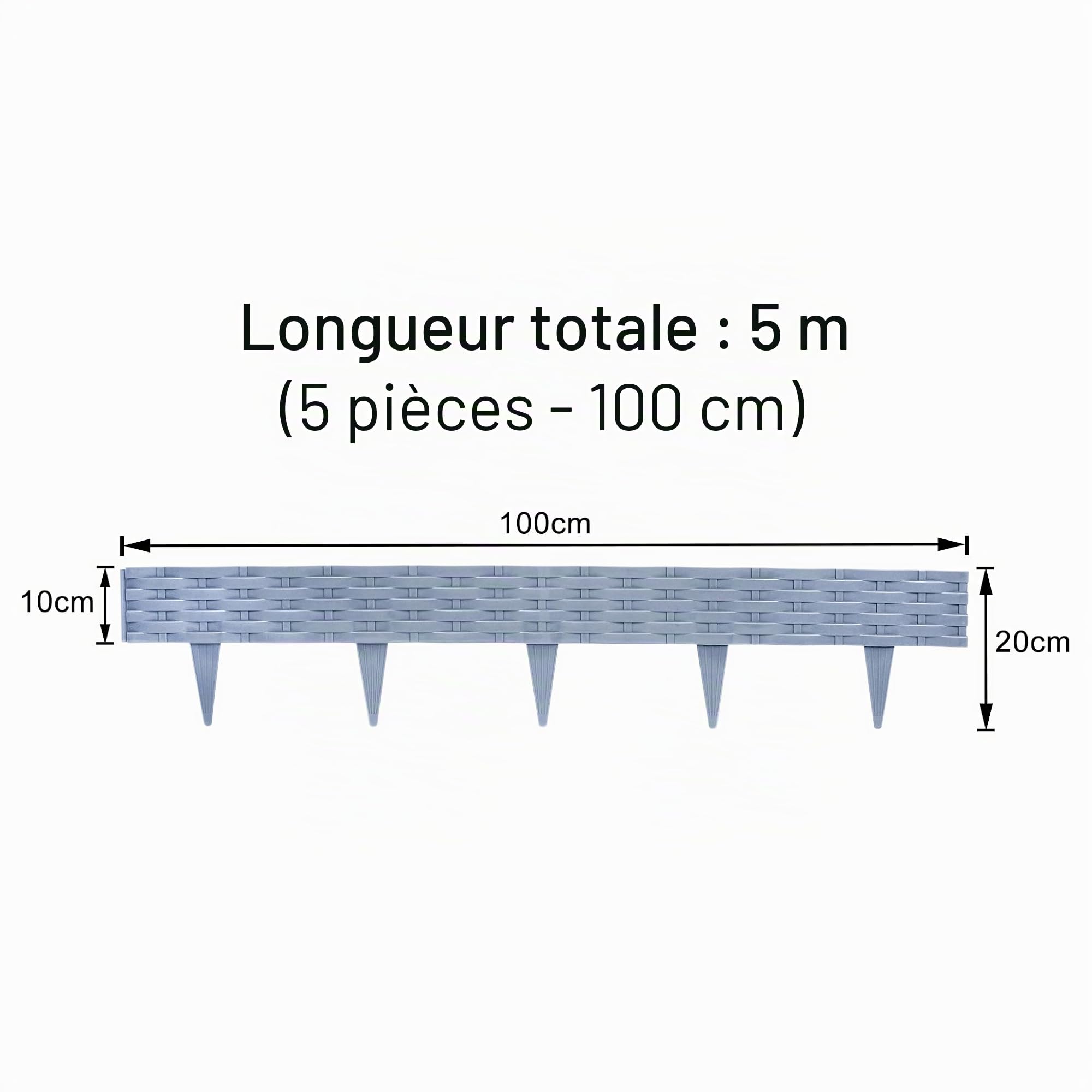 Aufun Bordure de jardin en plastique de 5 m en aspect rotin avec 5 éléments de 100 cm, design flexible pour délimitation de parterre de fleurs, courbe pour coupe de gazon, bordure de plate-bande pour