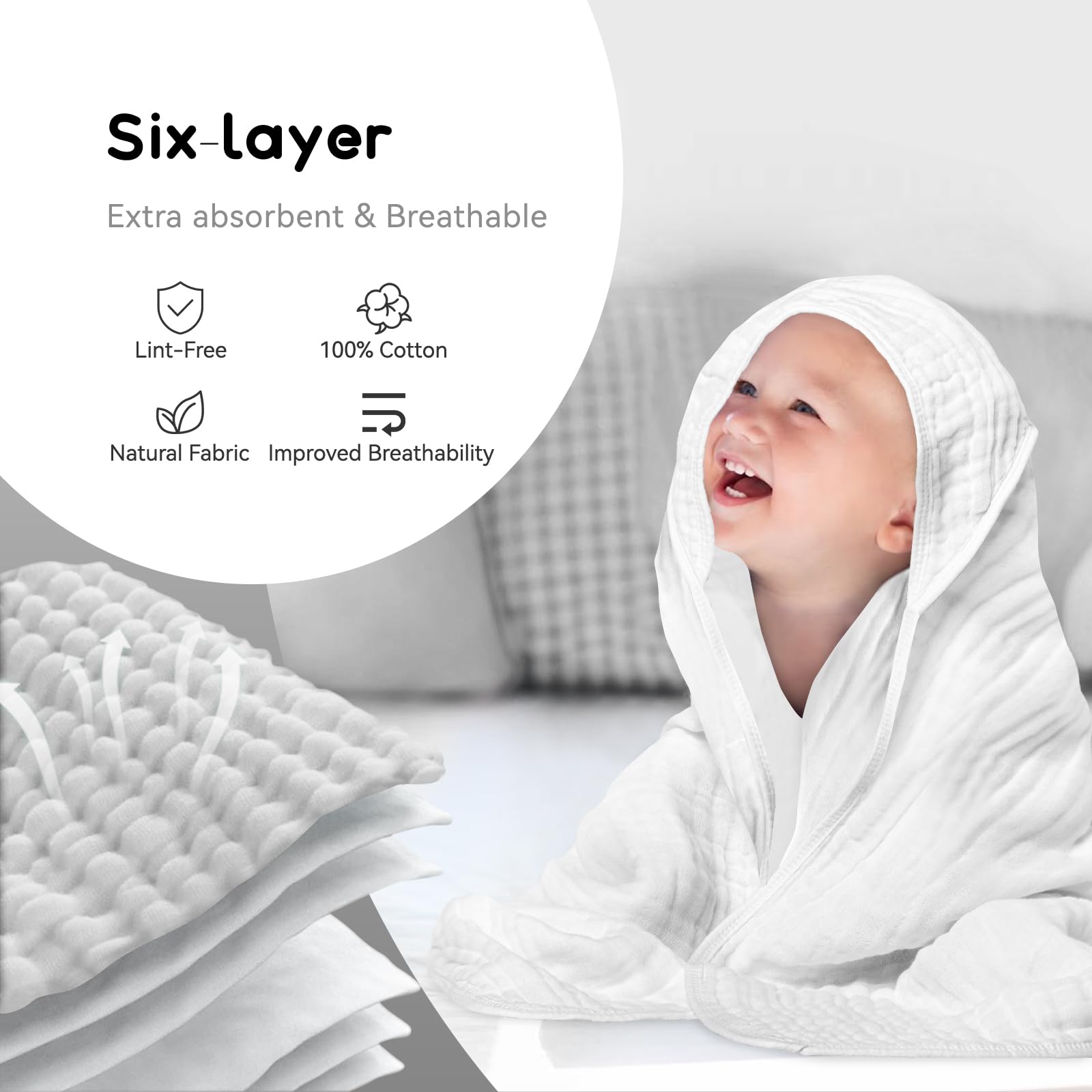 Toallas con capucha para bebés y niños pequeños, toalla de baño de muselina suave y absorbente para niños y niñas (color blanco, 1 unidad)