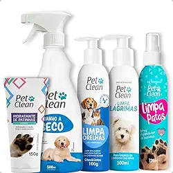 Kit Higiene 5 em 1: Banho a Seco Sem Enxague + Spray Limpa Patas + Limpador de Ouvidos Cera Orelhas + Limpa Lágrimas Ácidas Olhos + Hidratante de Patinhas - Pet Clean
