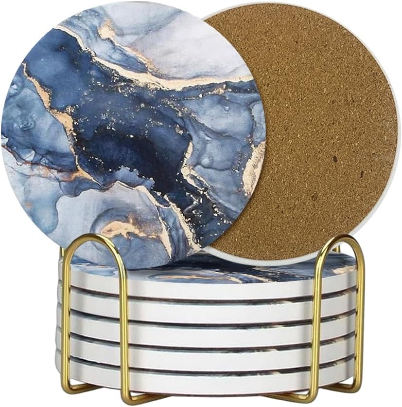 Ceramic Coasters Set of 6, Marble-Textured Design with Holder - Absorbent Cork-Backed Coasters for Cups, Bar & Coffee Table Decor Accessories (Dark Blue Marble, 6 Pack)