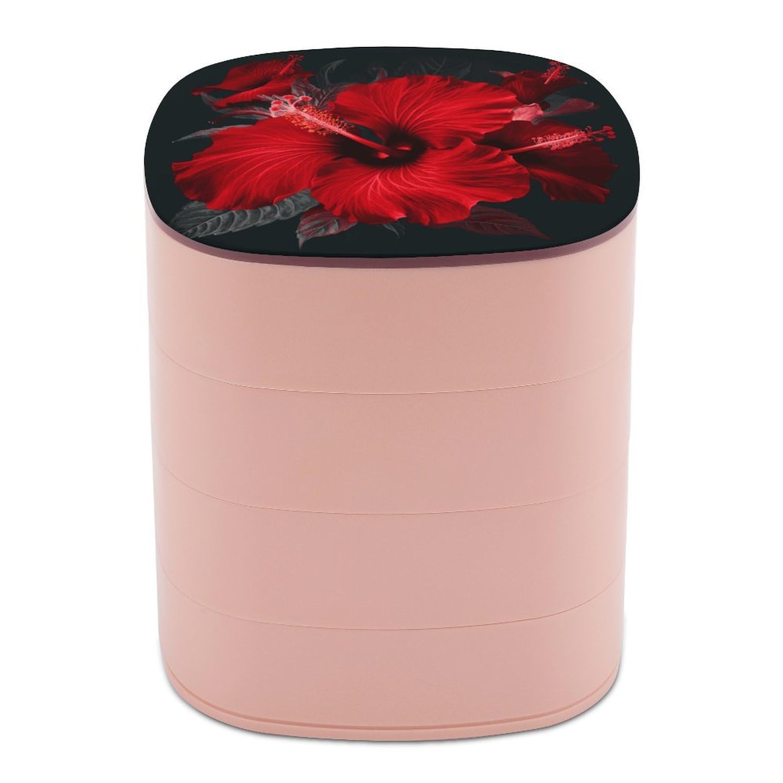 FekiLoot Red Hibiscus Flowers Jewelry Box 4-Layers Rotatable Jewelry Organizer Storage Box with Mirror Cute Travel Jewelry Case Portable Earring Holder Organizer for Ring Necklace Bracelet
