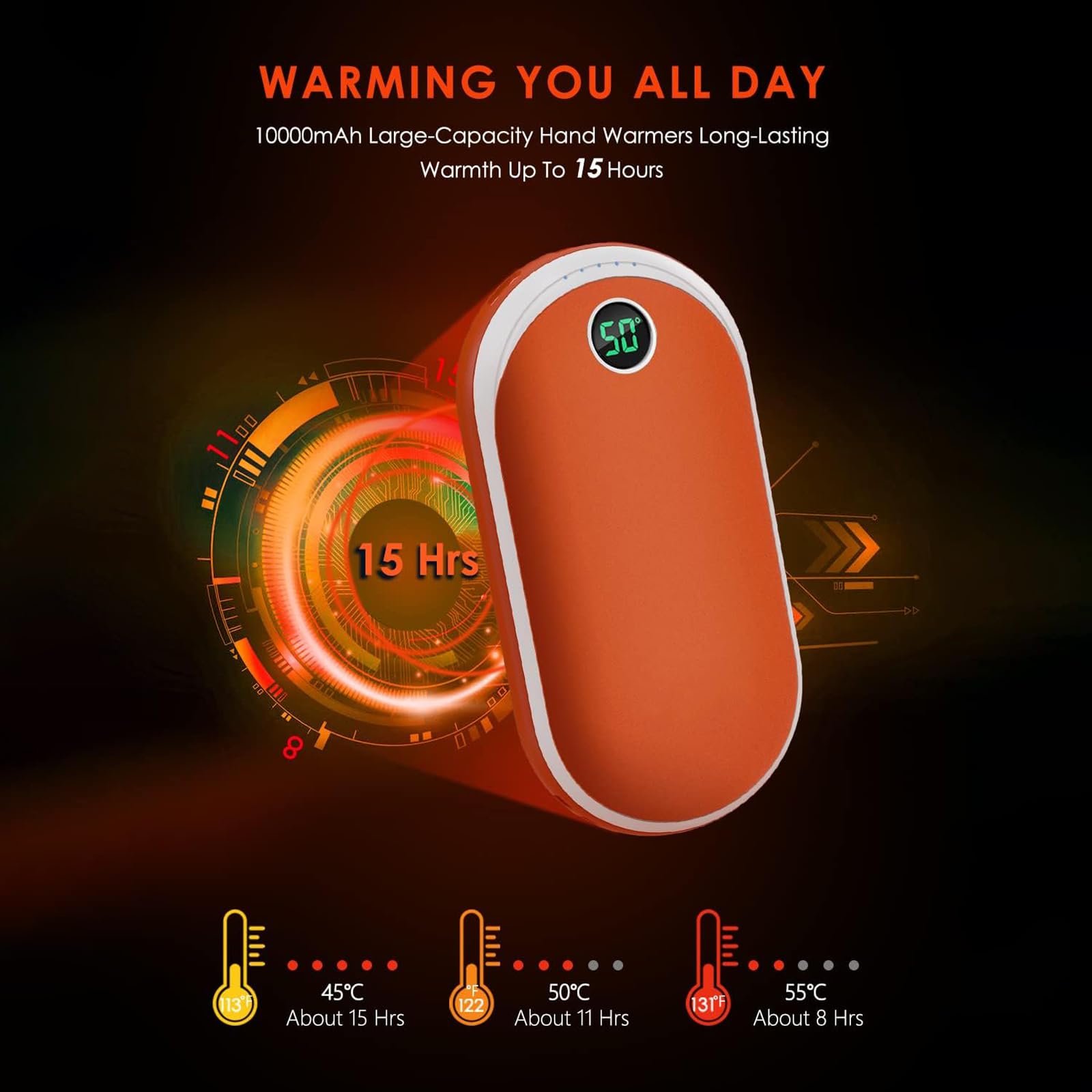 Handwarmer, oplaadbaar, 10.000 mAh, draagbare elektrische zakwarmer, powerbank met 15 uur langdurige warmte, digitaal display, 3 warmtestanden, USB-handwarmer voor camping, cadeau voor vrouwen en