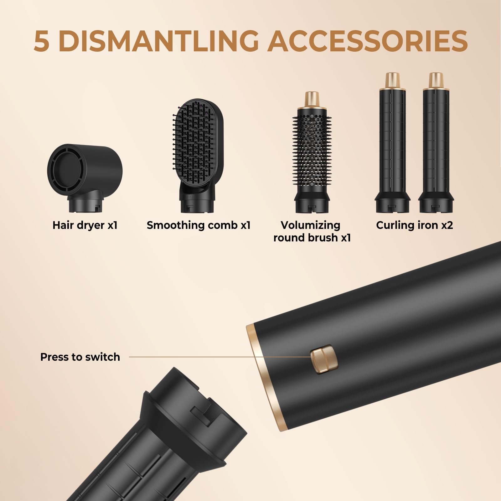 UKLISS Asciugacapelli 5 in 1 Spazzola Asciugacapelli - Hairstyler Airstyler 5 in 1 con 1000 W Asciugacapelli, Airflow Ricci per Capelli, Spazzola ad Aria Calda, Spazzola Lisciante - Nero