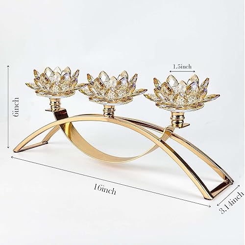 Miniatura 3 de Candelabro de cristal con 3 brazos, candelabro decorativo de flor de loto de cristal, decoración de mesa para vela de pilar de 1.5 pulgadas (dorado)