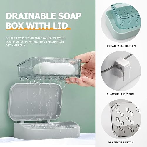 Miniatura 3 de 2 jaboneras de doble capa con tapa, funda portátil para jabón con bandeja de drenaje ranurada desmontable, recipiente para bandeja de jabón para