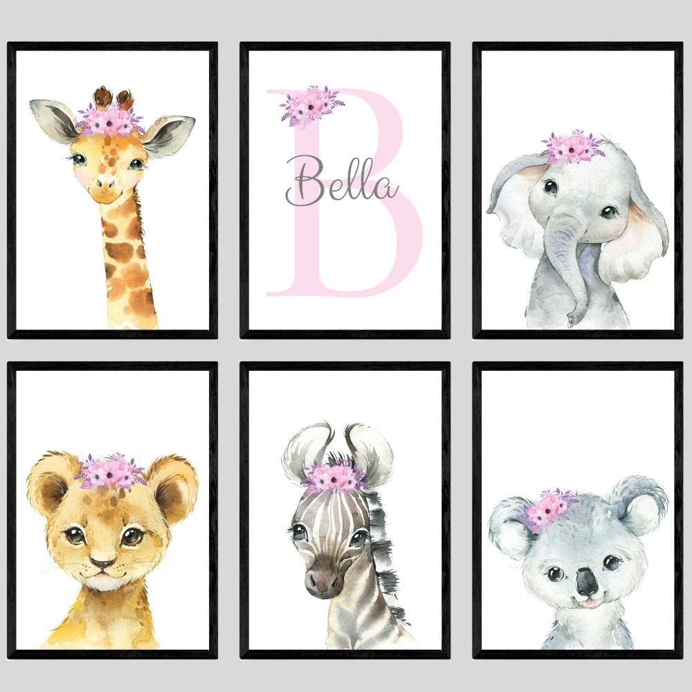 Eviepops Prints Safari Animals Baby Girl Nursery Set Of 6 Unframed Poster Prints, Personalised Name Pink Lilac Floral, Girls Bedroom Decor, Elephant Giraffe Lion (A3)