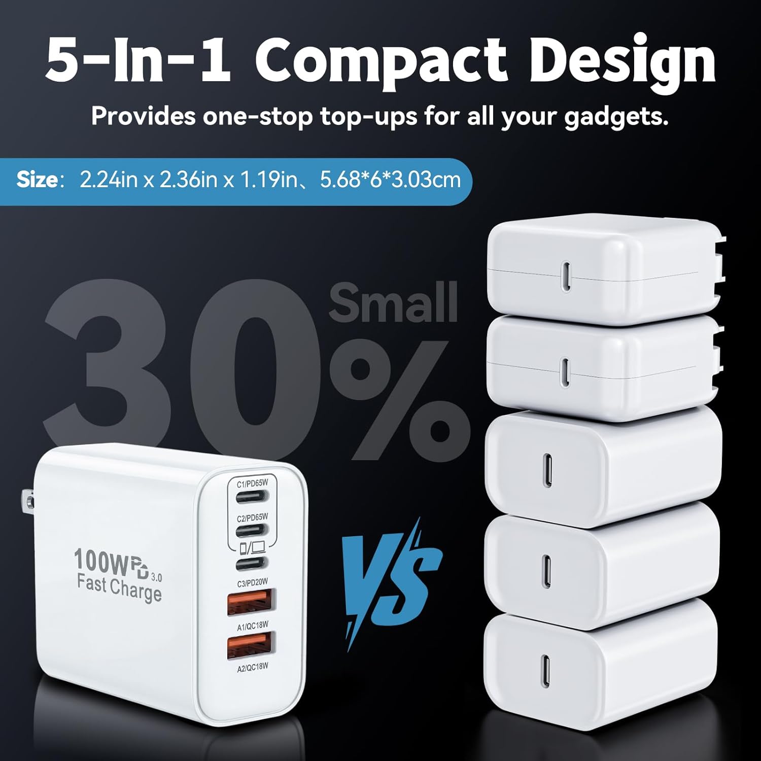 100W GaN USB C Charger Block,5-Port Type C Wall Charger Fast Charging, PD Power Adapter+QC Plug Multiport Type C Box Brick Cube Compatible with Apple iPhone 17 Air 16 15 14 13 12 Pro Max,MacBook,iPad