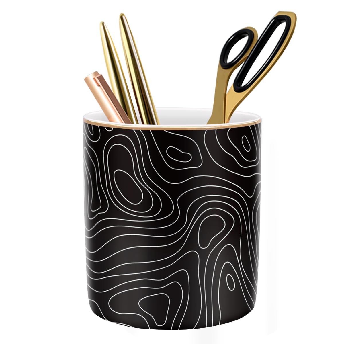 WAVEYU Pen Holder, Pencil Cup for Desk, Cute Makeup Brush Holder, Durable Ceramic Organizer Decor for Room, Office, Classroom, Abstract Pattern