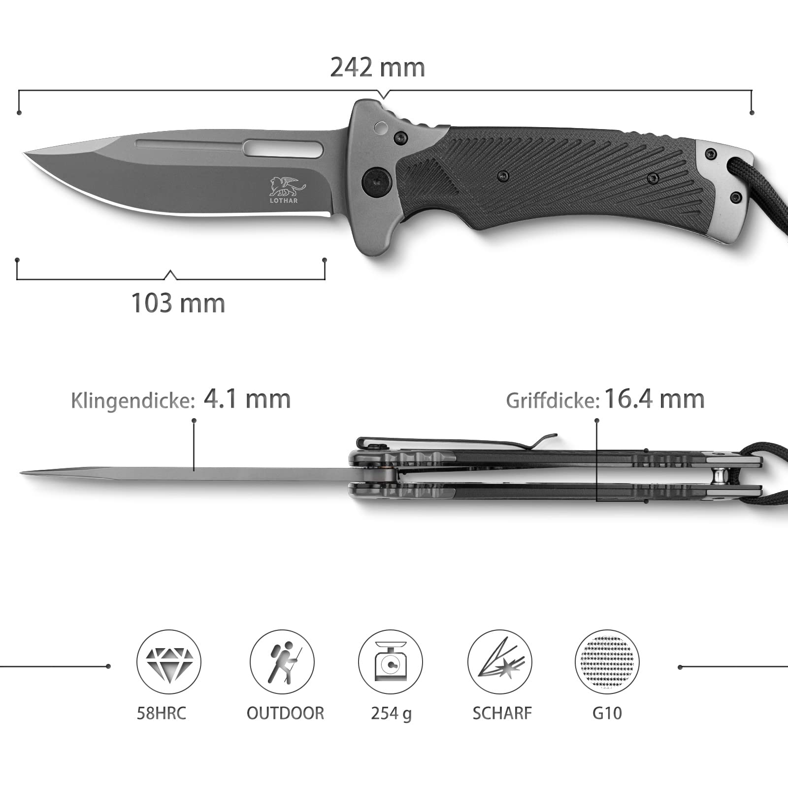 LOTHAR RHINO Navaja Plegable, Cuchillo Plegable de una Mango con Hoja de Acero de 8Cr14Mov y Mango de G10, Bloqueo de Liner Seguro