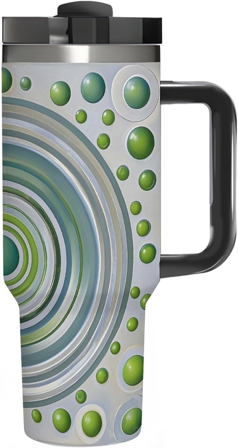 Circles And Green Dots Water Bottle with Straw Lid Stainless Steel Tumbler with Handle Leak Proof Coffee Mug Double Wall Vacuum Insulated Bottle Fit in Any Car Cup Holder 40 Oz