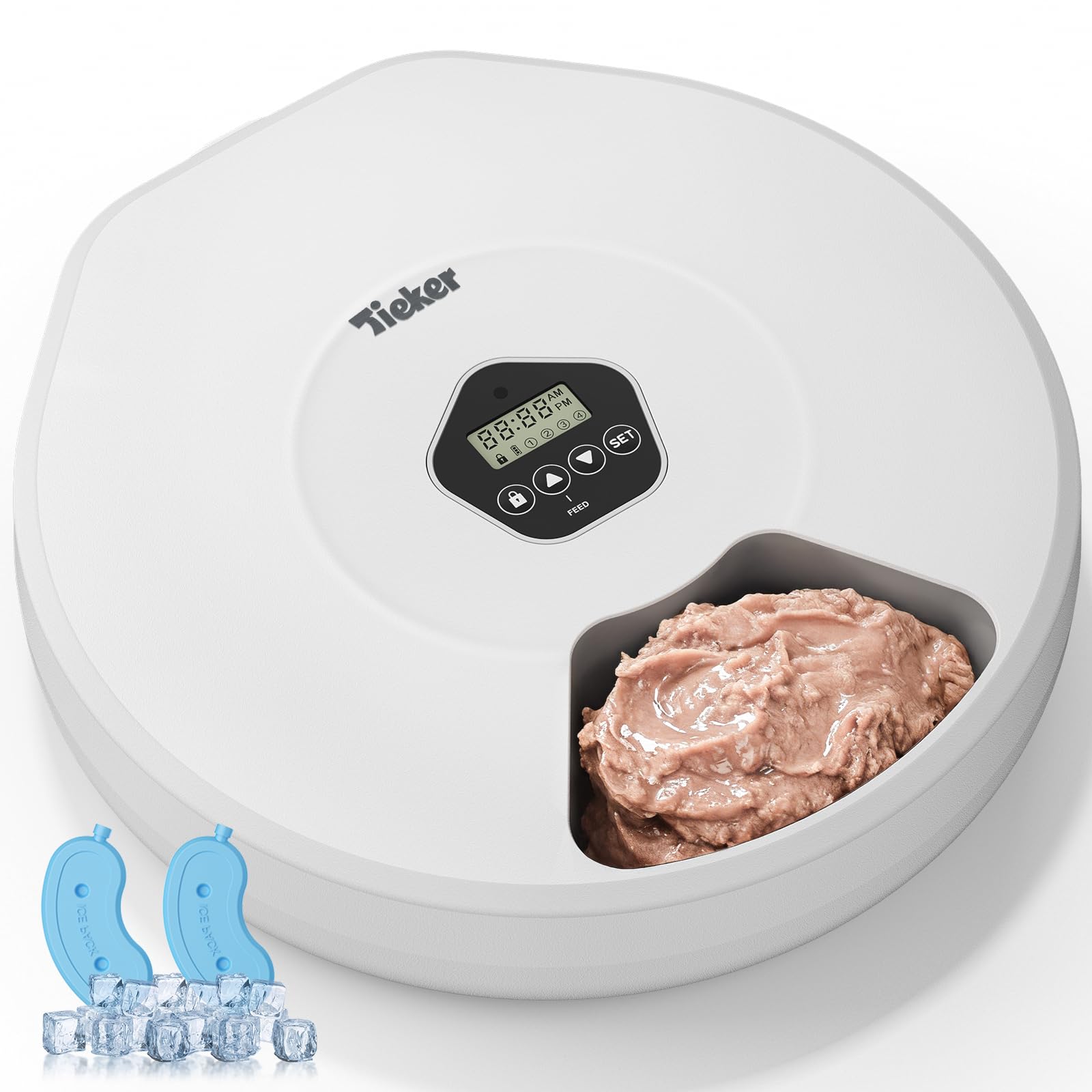 Alimentatore automatico per gatti, dispenser di cibo umido per gatti, con timer, senza fili, 5 pasti, con 2 confezioni di ghiaccio, distributore automatico di cibo per animali domestici per