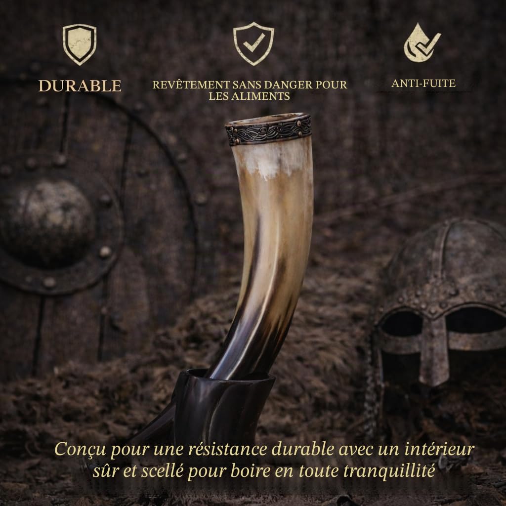 Corne à boire Viking avec support en fer véritable Divit | Ornements en laiton et sac-cadeau en toile de jute inclus | Corne de 13 ’’et capacité de 16 oz(450-500ml) (Wolf, Polished)