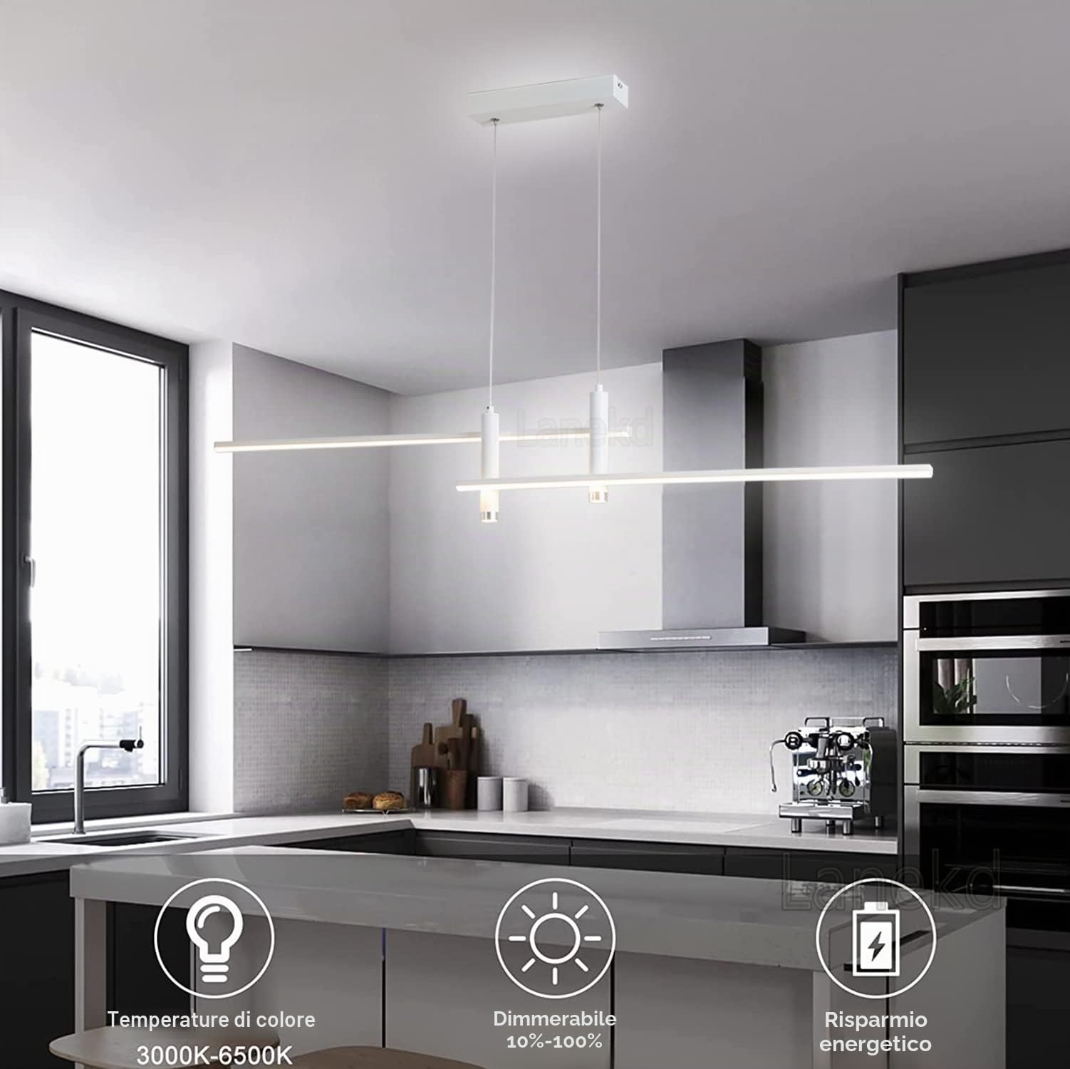 Moderna Lampada a Sospensione LED Lampadario Dimmerabile Tavolo da Pranzo Cucina Salotto con Telecomando Plafoniera Altezza Regolabile Sala da Pranzo Camera da Letto Ufficio Soggiorno (Bianco, L120cm)