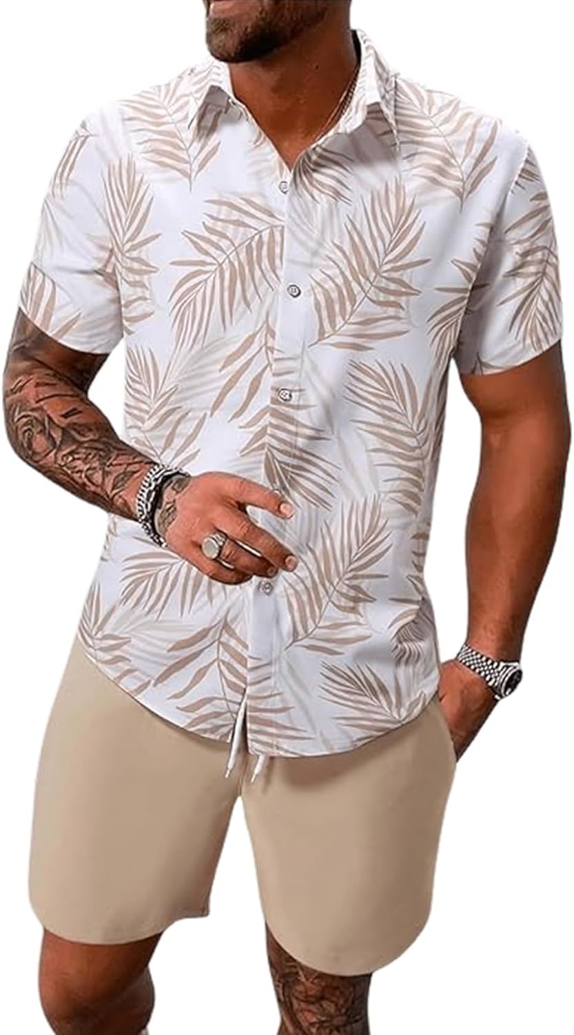 Yimoon Men’s Summer 2 Piece Outfits Tropical Print Short Sleeve Button Down Hawaiian Beach Shirt and Shorts Set