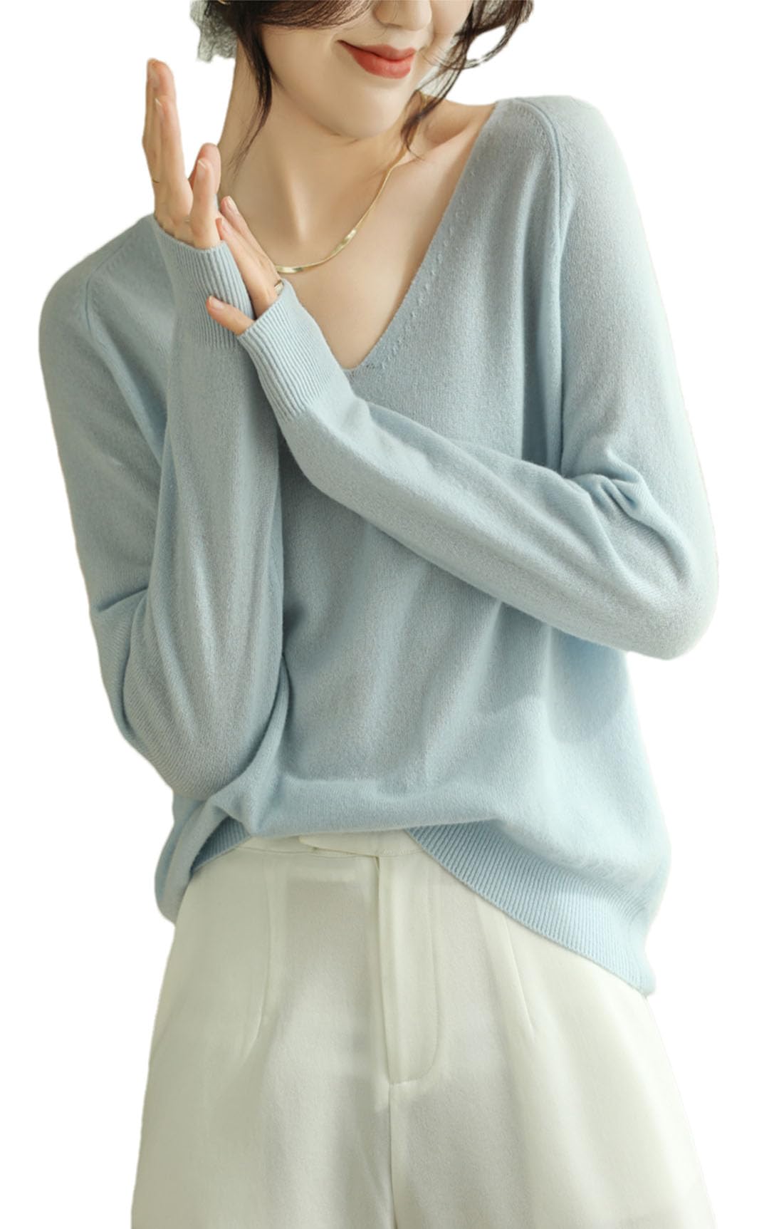 Vogrtcc Pull ample en tricot cachemire à col en V pour femme
