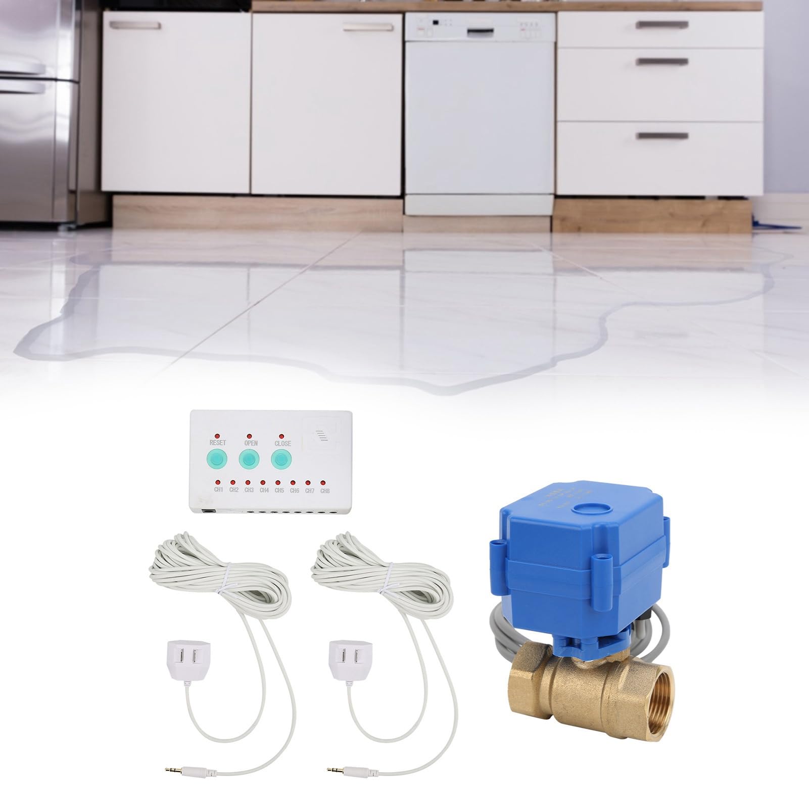 Detector de Fugas Torvex, Kit de de Alarma de detección de Fugas de Agua con válvula de Bola de latón Simple y Sensor para la protección de tuberías domésticas.