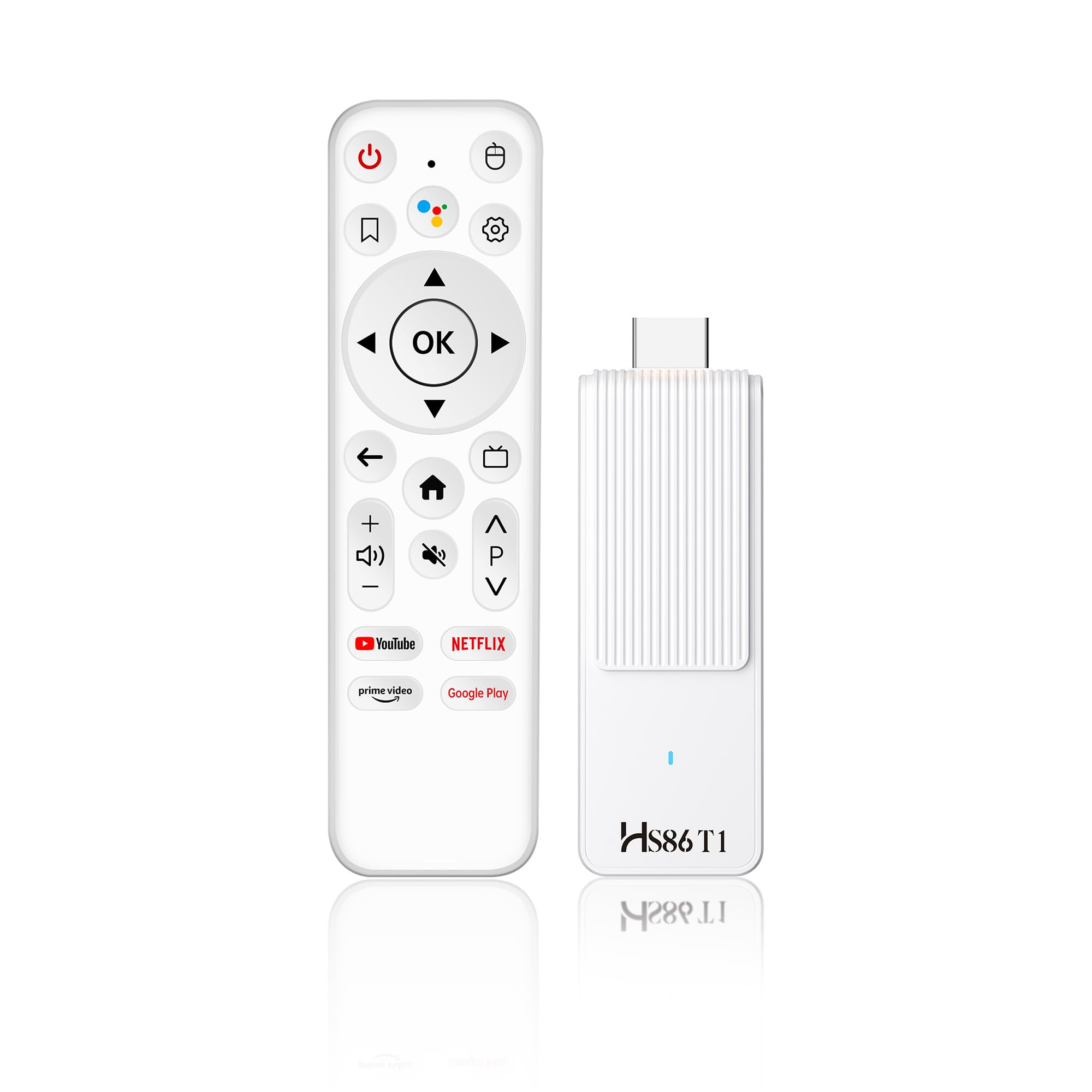 Android 14.0 TV Stick, con 2GB RAM e 16GB ROM, alimentato da chipset RK3518 Quad-Core 32bit Cortex-A53 e GPU Mali 450 MP2, supporta Wi-Fi dual-band 2.4G/5G, BT 5.4 e 4K Ultra HD
