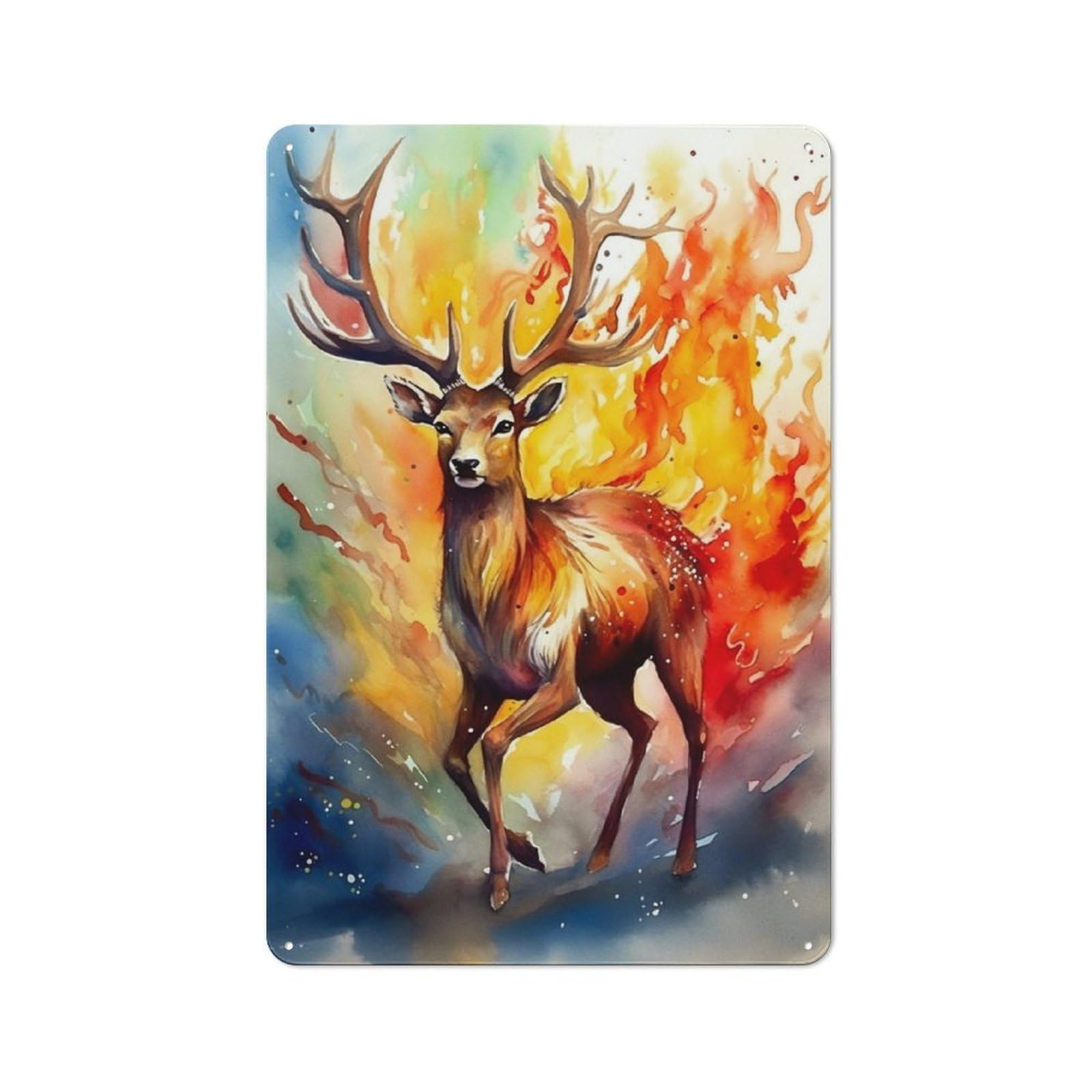 Junmoney Deer Fire Watercolors Tin Wall Plaque 30X20cm With For Bar Or Restaurant, Autumn Wall Decor For Hospitality Decor Collectors