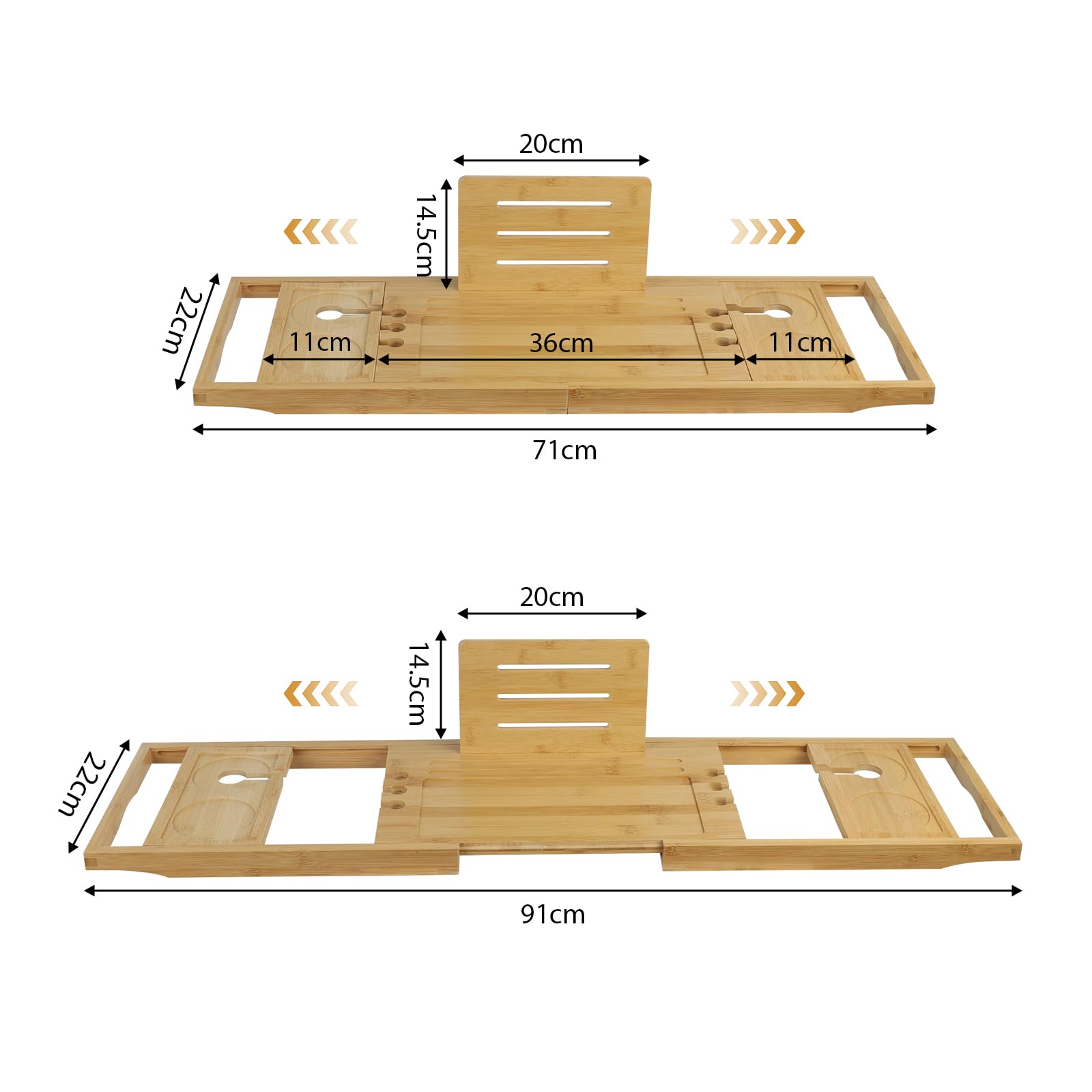 Bandeja extensible de bambú para bañera, ajustable, 70-91 cm de ancho, con soporte para bebidas, color madera natural