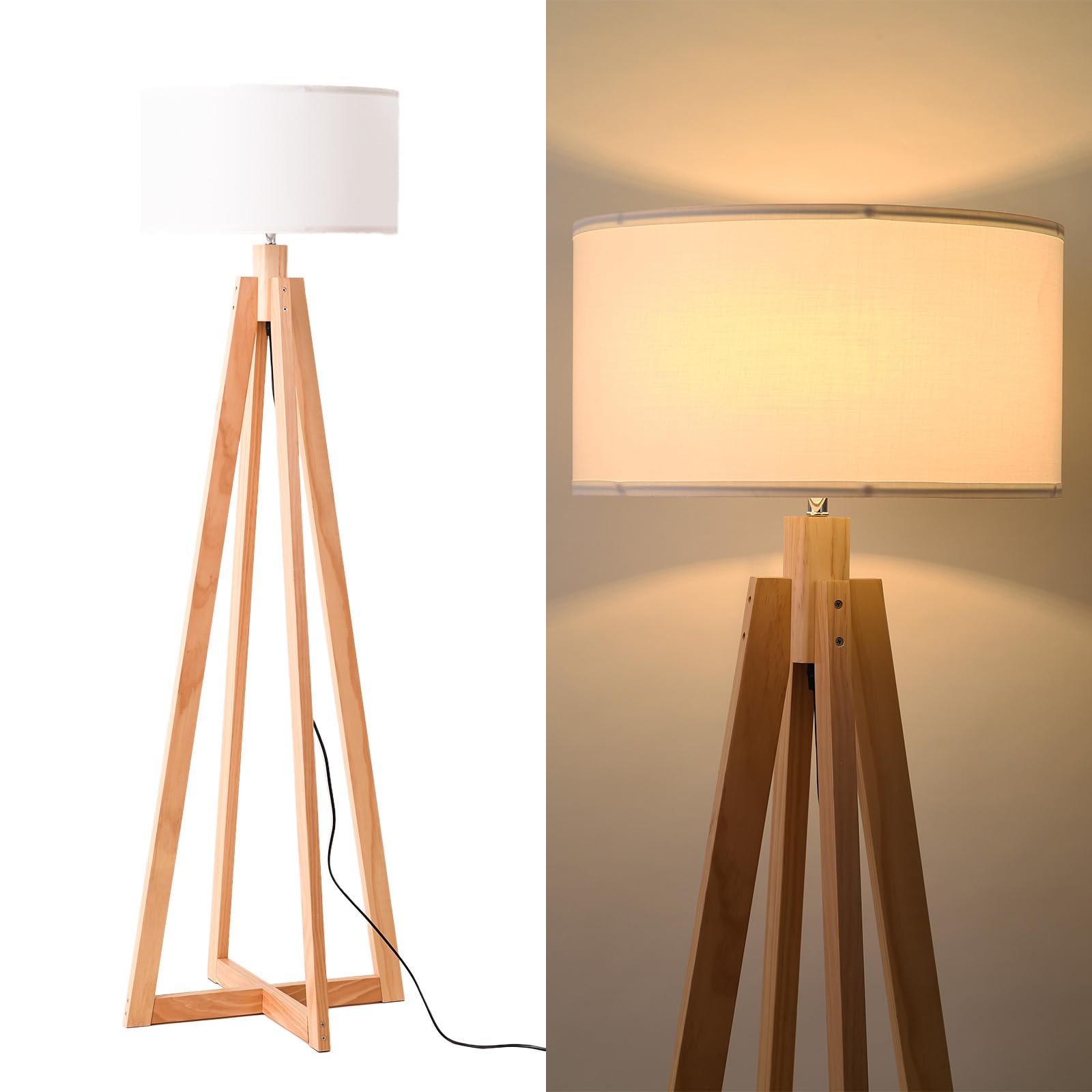 Alpinaluz Lámpara de Pie de Madera Natural con Pantalla Textil Blanca Ø43 cm, Casquillo E27, 149 cm, Estilo Nórdico y Escandinavo para Salón, Dormitorio, Comedor u Oficina