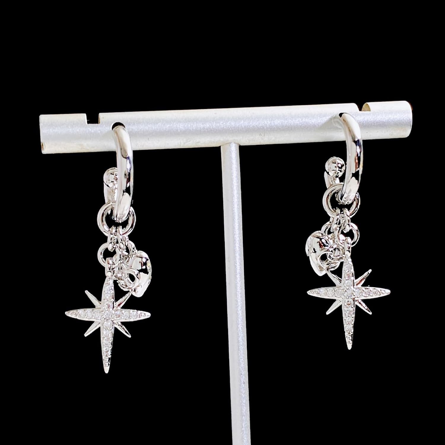 Bi&Yamigeo Starburst Heart Dangle Huggie Earrings,Silver Lightweight Hoop Earrings With Rhinestone Eight Point Star Love Heart Peandant Drop Charms Jewelry for Women - Image 7