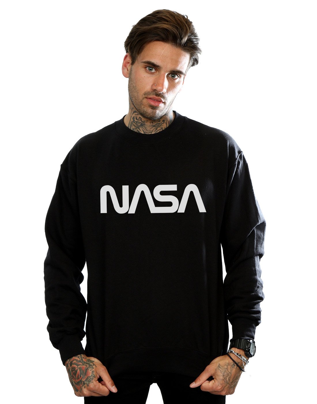 Absolute Cult Men's Black Nasa Modern Logo Sweatshirt Medium