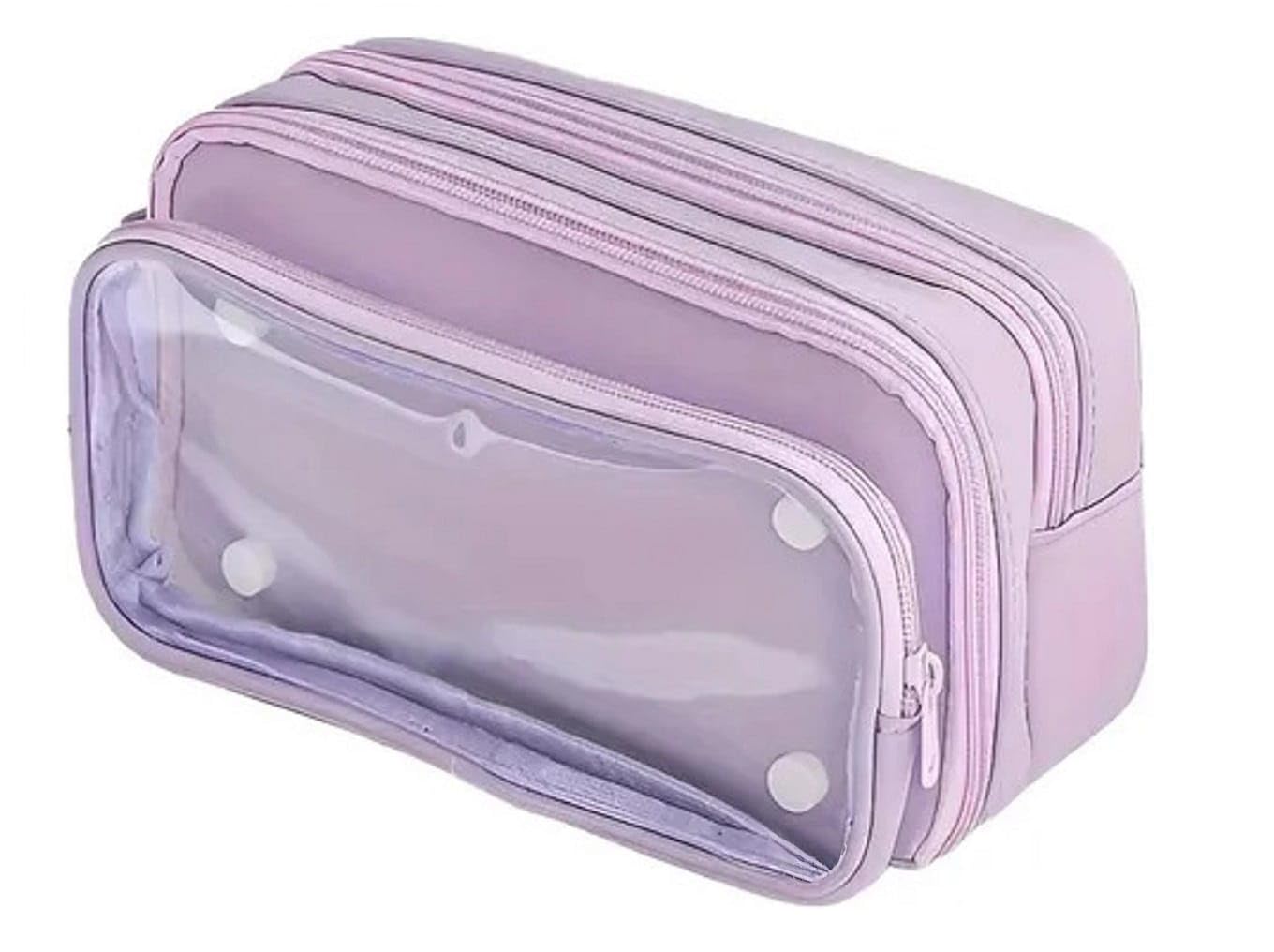 Large Capacity Pencil Pouch | Stationery Organizer with 3 Compartments | Cute Aesthetic Pencil Case | Storage Pouch for School & Office (Purple)-image-29