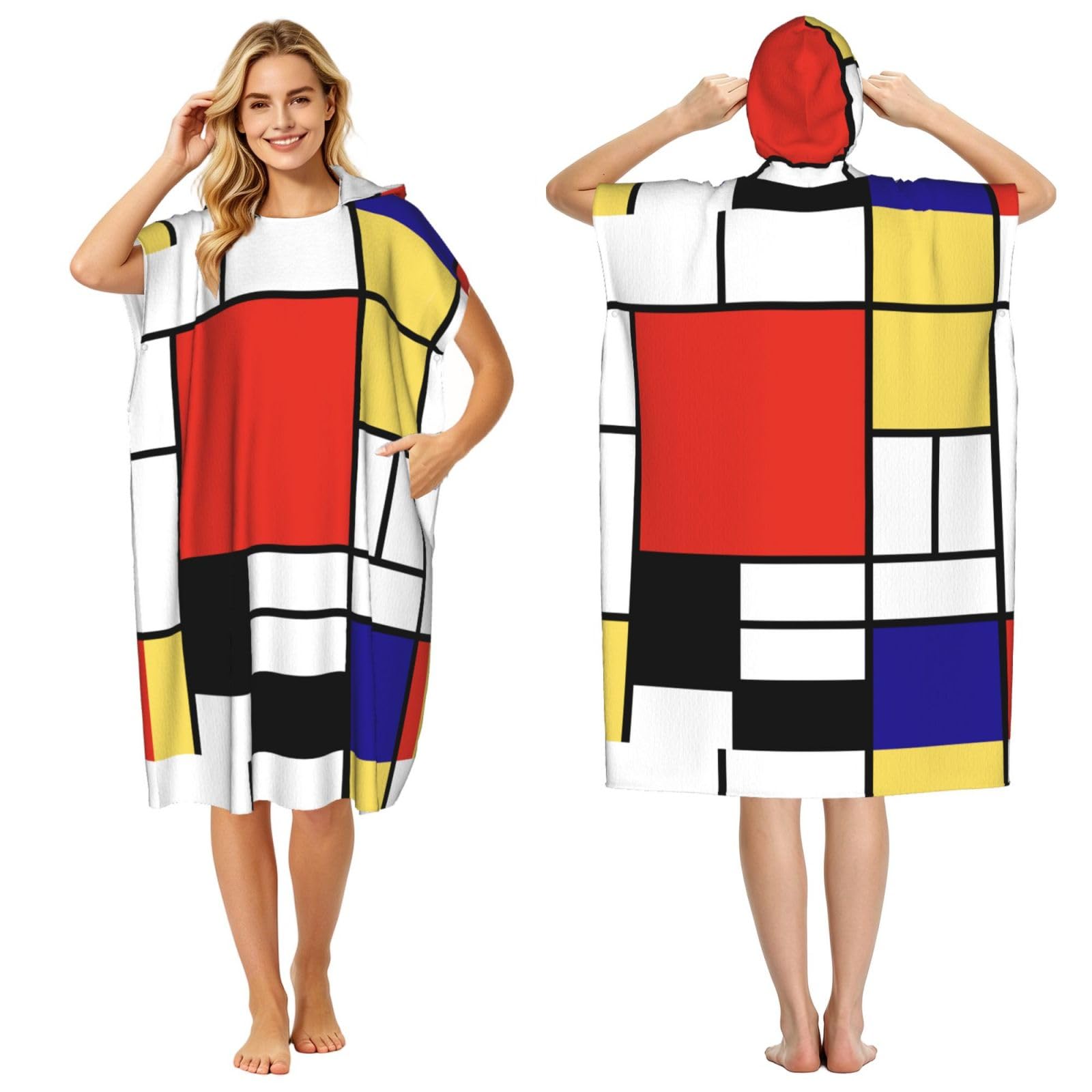 Poadnly Mondrian, Adult Hooded Beach Towel 90 x 110 cm,Changing Bath Robe, Surf Poncho Towel For Women Men