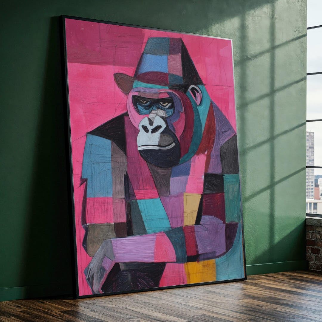 XBTYKPB Abstract Gorilla Art, Colorful Geometric Canvas, Animal Portrait Wall Art, Contemporary Wildlife Canvas Decor Painting(50x75cm/Frameless)