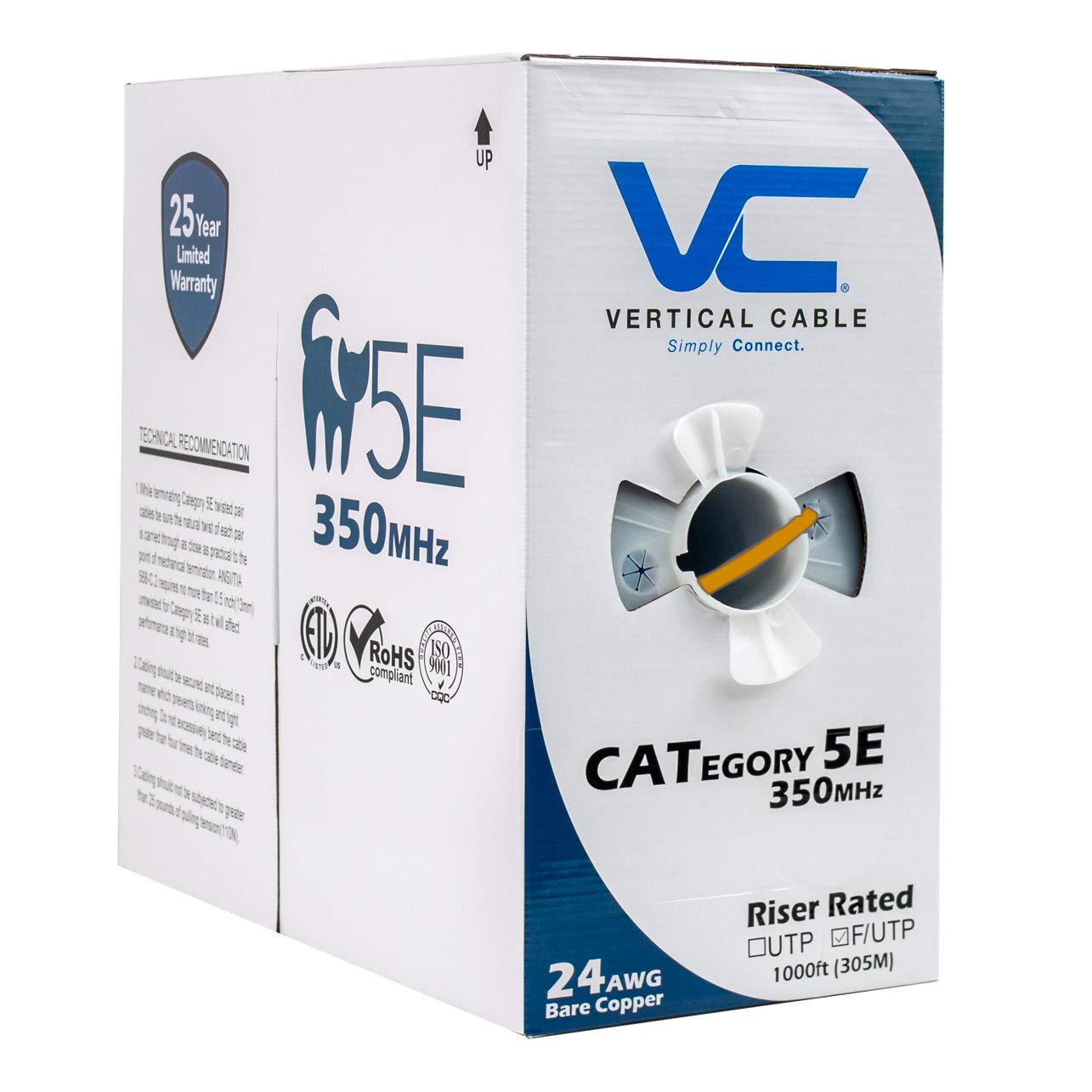 Vertical Cable Cat5e, 350 MHz, Shielded, 24AWG, Solid Bare Copper, 1000ft, Bulk Ethernet Cable, Orange