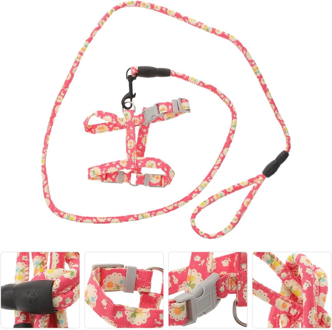 Adjustable Cat Harness and Leash Set Escape-Proof Soft Breathable M Size with Red Floral Pattern for Outdoor Walking and Travel