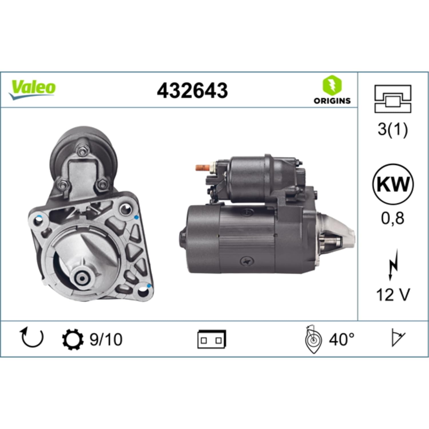 Valeo Motorino d'Avviamento 432643 - 0,8 kW - 9/10 Denti - 12 V
