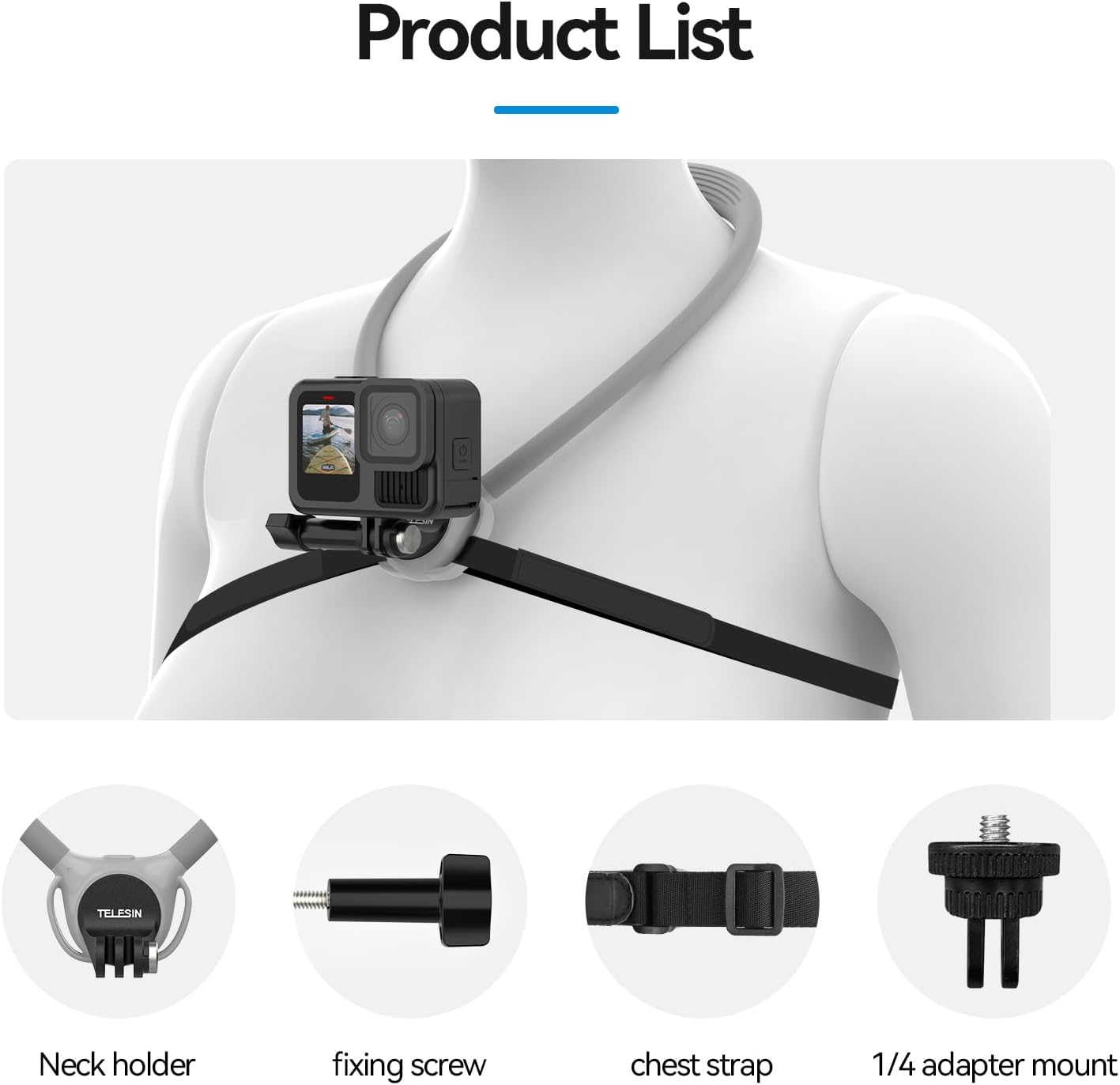Close-up of the durable aluminum alloy lock mechanism for attaching a camera to the TELESIN Neck Mount SE 2.0.