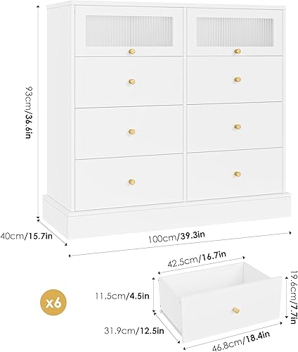 Miniatura 2 de finetones Cómoda blanca, cómoda de 8 cajones, cómoda doble para dormitorio con puerta de vidrio estriada y patas de metal dorado, cómoda moderna