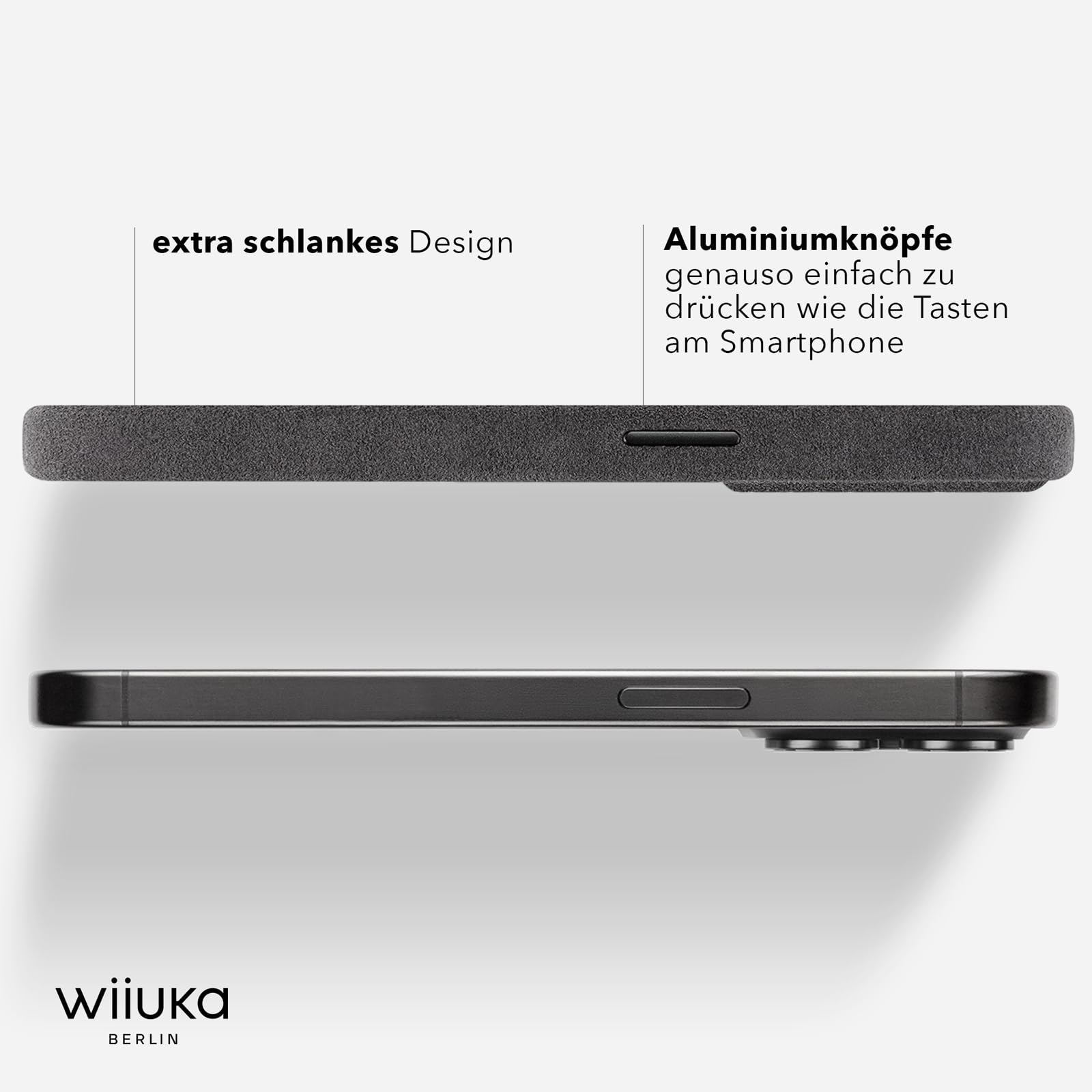 WIIUKA Etui do iPhone 15 Pro, oryginalne Alcantara, ręcznie wykonane, bardzo cienkie, premium etui na telefon komórkowy, Case, Qi, alternatywa dla skóry, skiin Alcantara, szary
