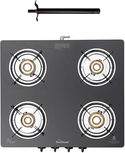 Sunflame Maleo 4 Burner Gas Stove | Complimentary Lighter | 2 Medium & 2 Small Brass Burners | 2 Year Product Coverage | Toughened Glass Top | PAN…