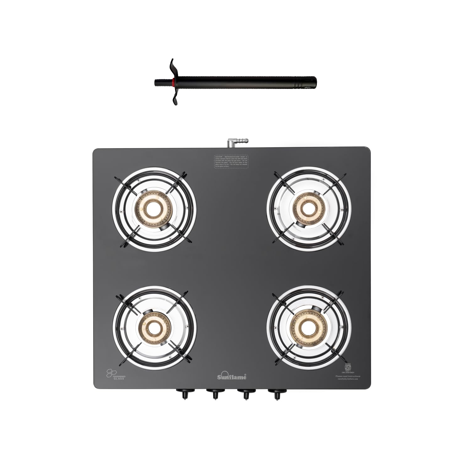 Maleo 4 Burner Gas Stove | Complimentary Lighter | 2 Medium & 2 Small Brass Burners | 2 Year Product Coverage | Toughened Glass Top | PAN India Presence