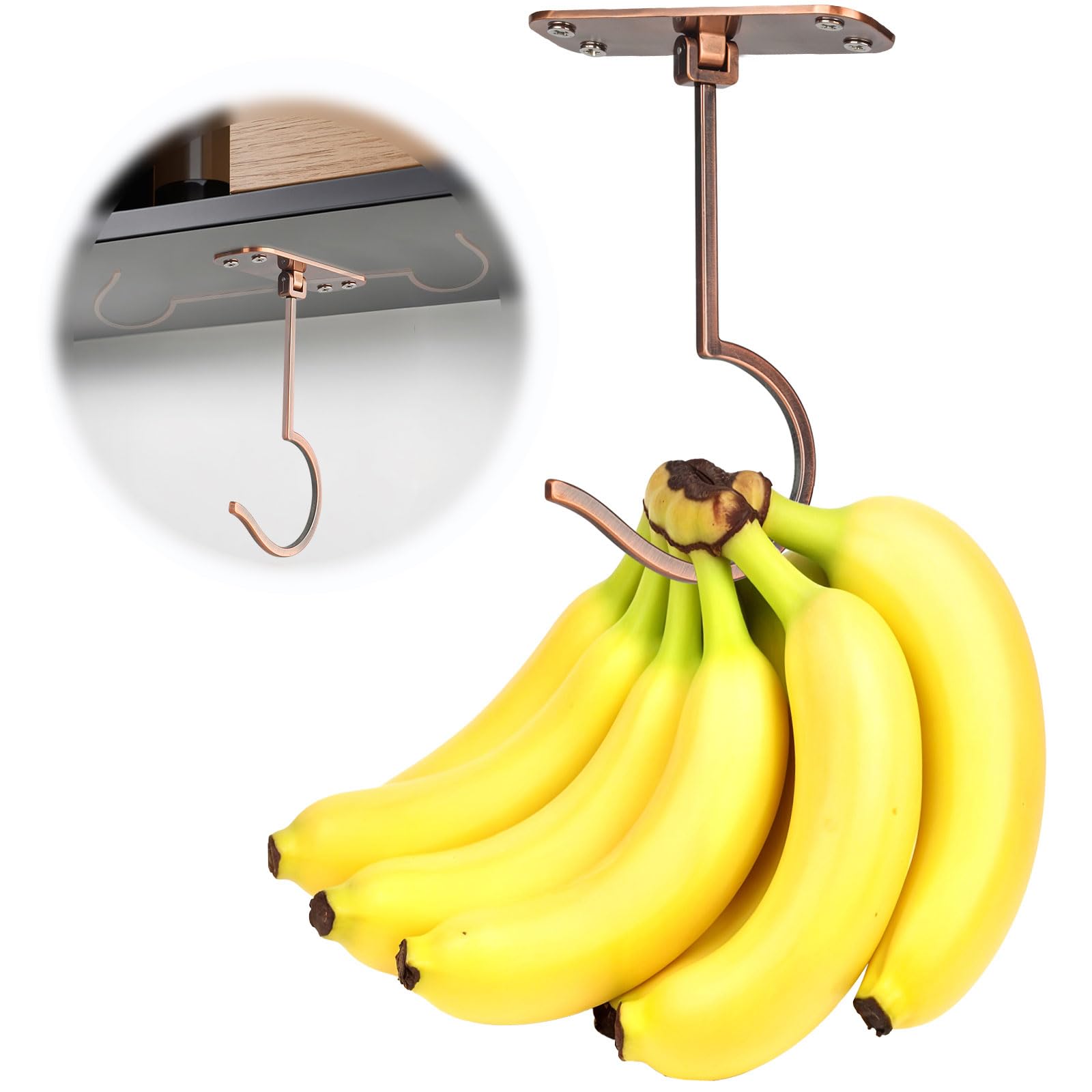 2 Pack Foldable Metal Banana Hook Under Cabinet - Hanger to Keep Bananas Fresh, Holder for Other Kitchen Items (Bronze)