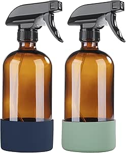 HOMBYS Empty Glass Amber Spray Bottles with Silicone Sleeve Protection - Refillable 16 oz Containers for Cleaning Solutions, Essential Oils, Misting Plants - Quality Sprayer -(2 Pack Amber)