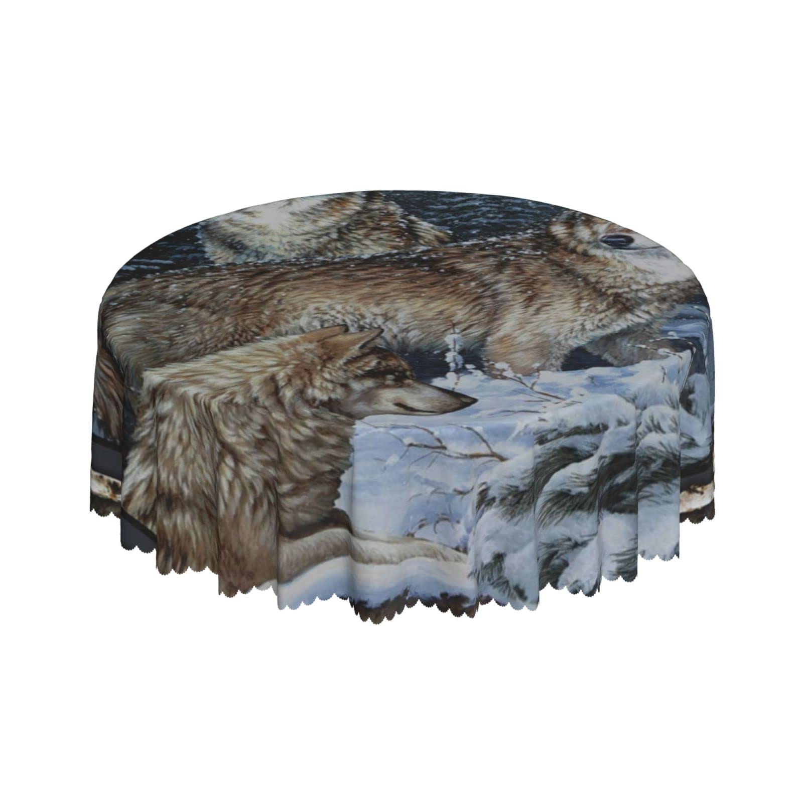 Lsjuee Wolves Wolf Snow Brown Round Tablecloth 60 Inch Printed Washable Tablecloth for Dining Party Holiday Fall Home Decorative