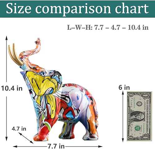 Miniatura 2 de QIANLING Estatua de elefante de graffiti, figura artística de resina colorida para decoración del hogar, acento creativo de elefante para sala de