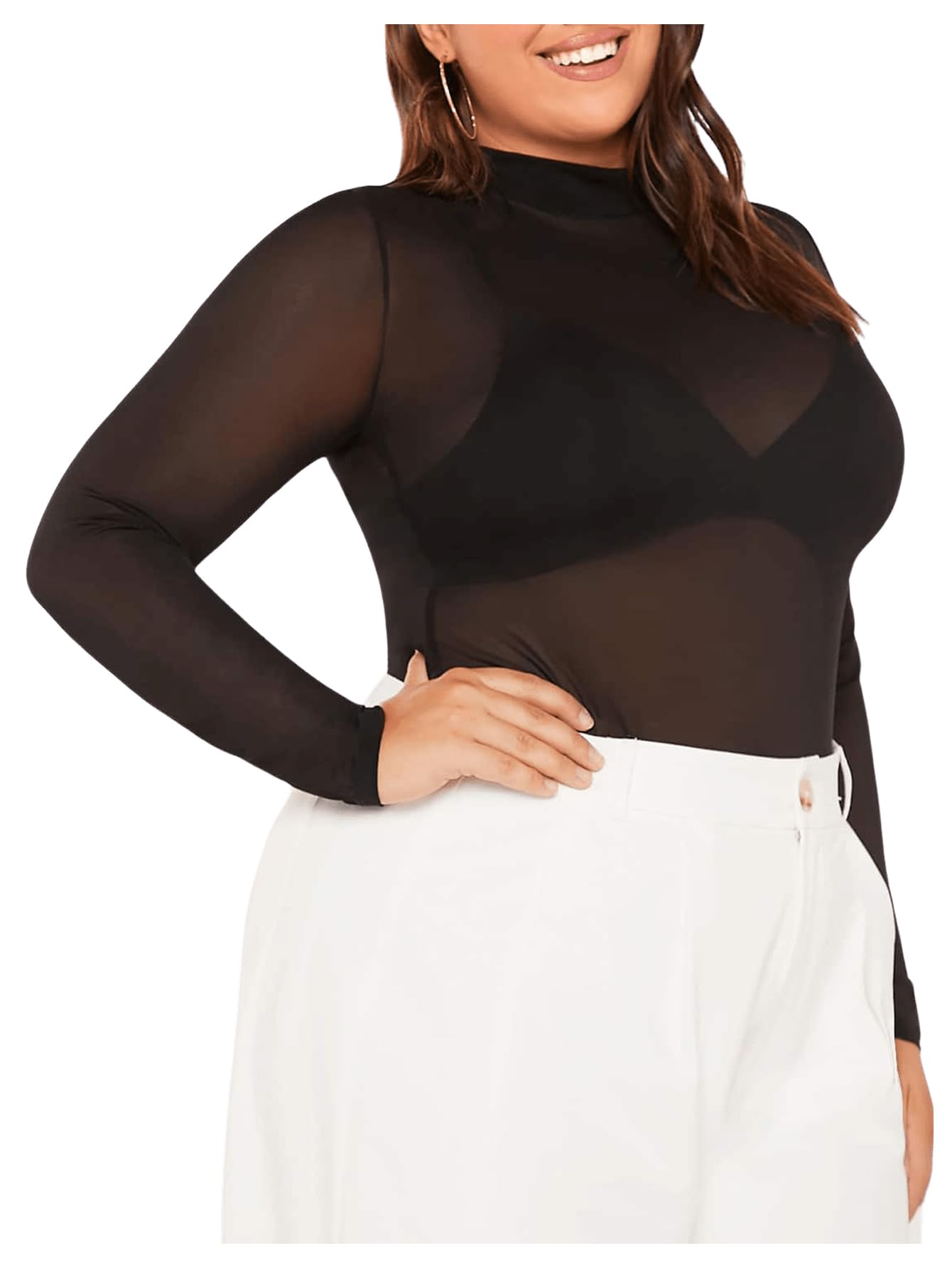 Women's Plus Size Sheer Mesh Tops Mock Neck Long Sleeve Tee Tops Trendy Slim Fit Clubwear