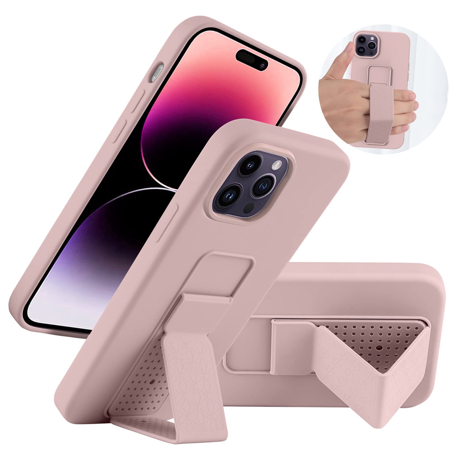 LAUDTEC Silicone Kickstand Case Compatible with iPhone 14 Pro Max, Vertical and Horizontal Stand Hand Strap Metal Kickstand Cover, Flexible Soft Liquid Silicone Stand Case for iPhone 14 Pro Max (Pink)