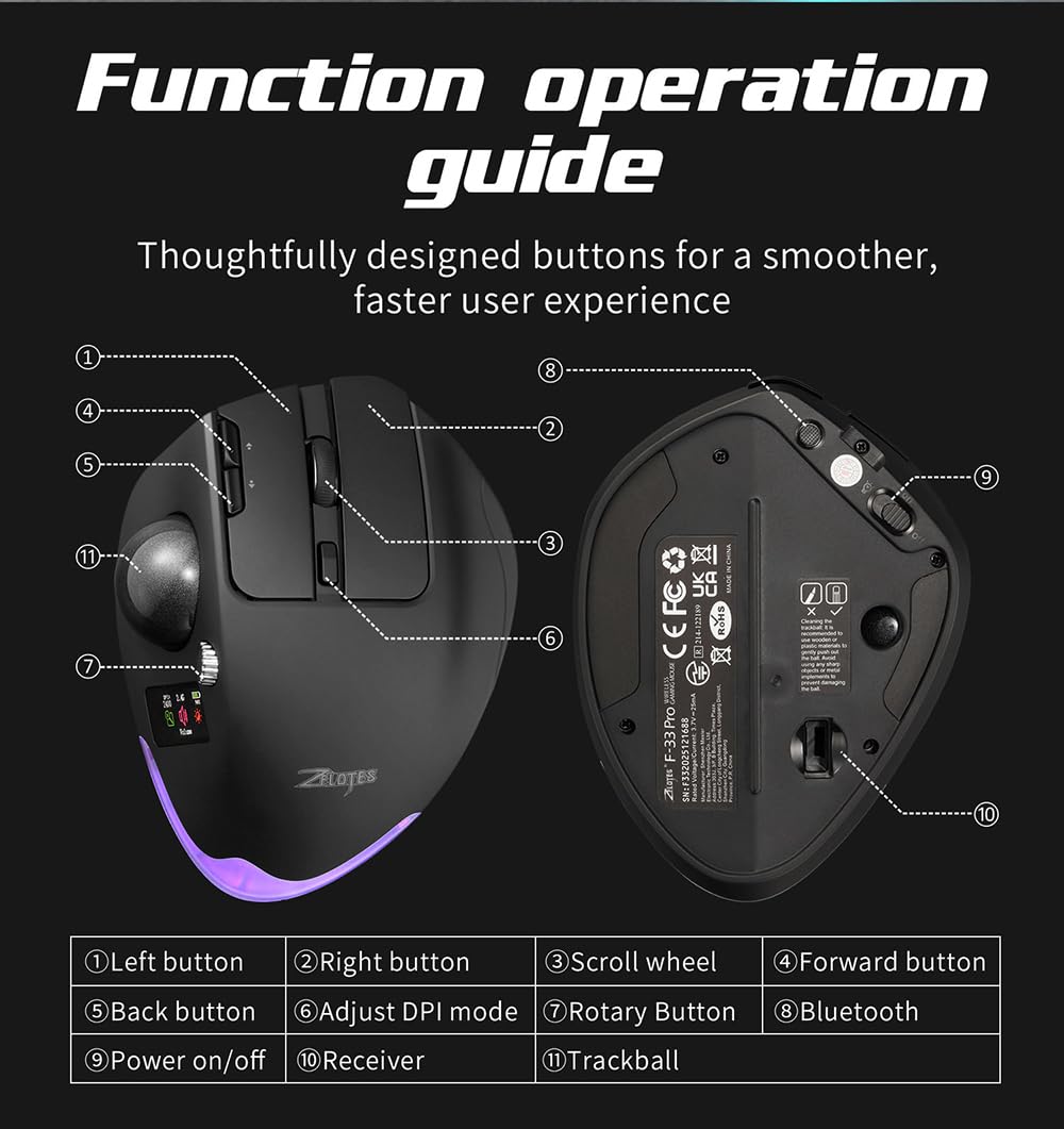 Zeerkeer Trackball Ratón Inalámbrico, Ratón Ergonómico para PC/Mac/Tablet