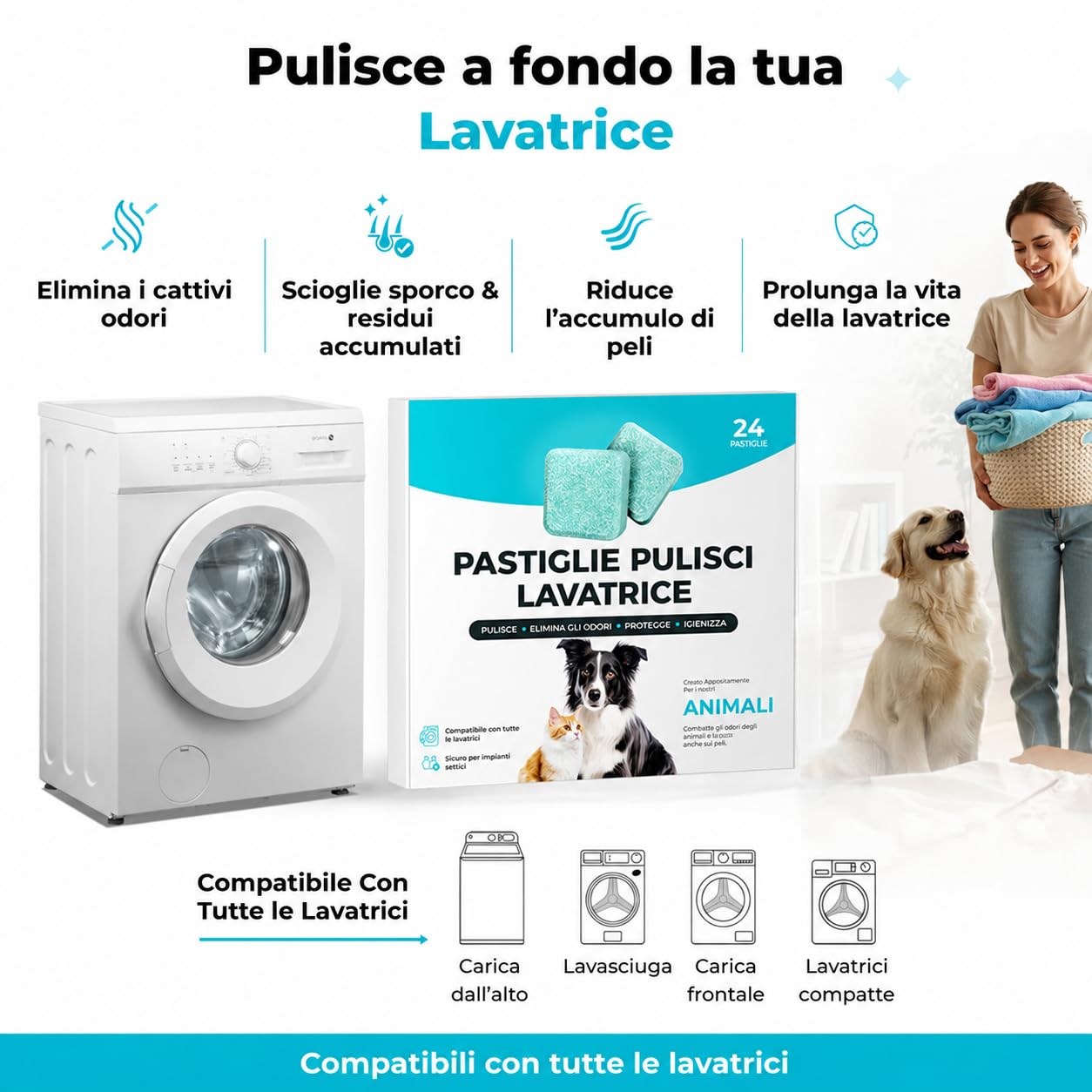 Varibee Pastiglie Pulisci Lavatrice, 24 Compresse Effervescenti Detergenti per Cestello, Guarnizioni e Tubi, Rimuove Residui di Detersivo, Sporco, Peli e Odori di Animali