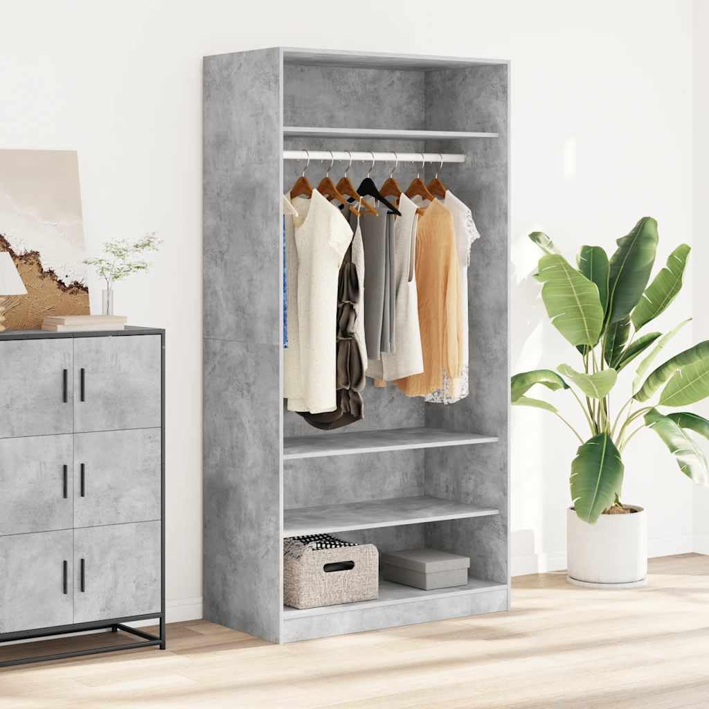 Armadio grigio cemento 100 x 50 x 200 cm, robusto armadio in legno con ripiani e asta sospesa per camera da letto, design moderno
